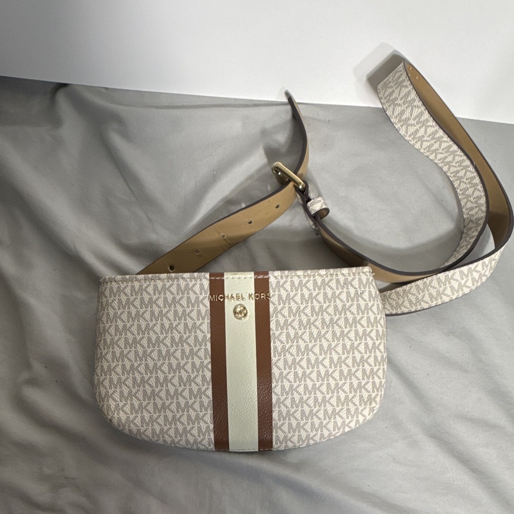 Michael Kors Signature Logo Belt Bag Crossbody Small Beige Brown White Gold